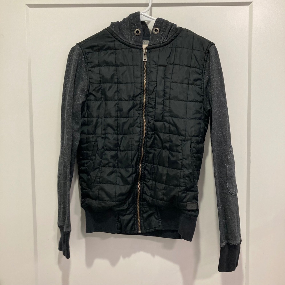 Aeropostale Mens XS Quilted Puffer Hybrid Zip Up Hoodie Jacket Black Gray